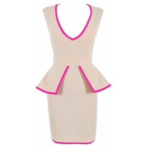 NWT House of CB Celeb Boutique Rochelle Dress L Peplum Ivory Pink Short Crepe
